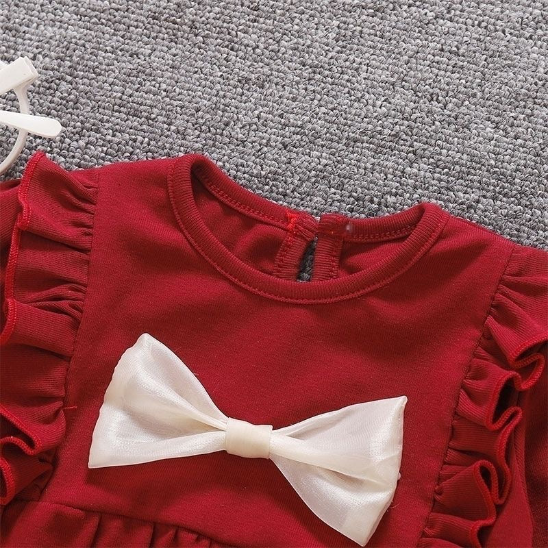 Elegant Red Baby Girl Outfit – Long-Sleeve Romper with Bow, Matching Bonnet & Stockings