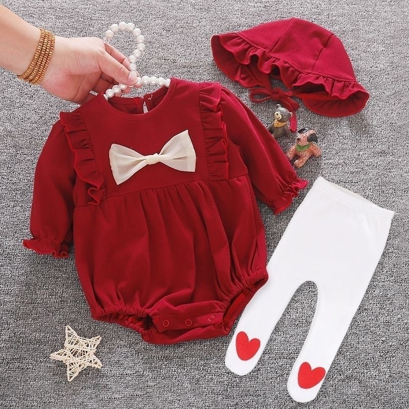 Elegant Red Baby Girl Outfit – Long-Sleeve Romper with Bow, Matching Bonnet & Stockings