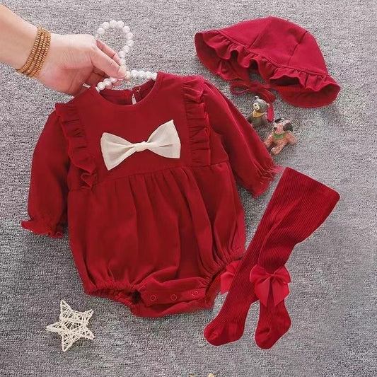 Elegant Red Baby Girl Outfit – Long-Sleeve Romper with Bow, Matching Bonnet & Stockings