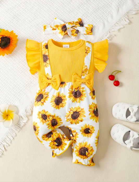 Adorable Baby Girl Sunflower Romper & Headband – Soft, Stylish & Perfect for Outdoors!