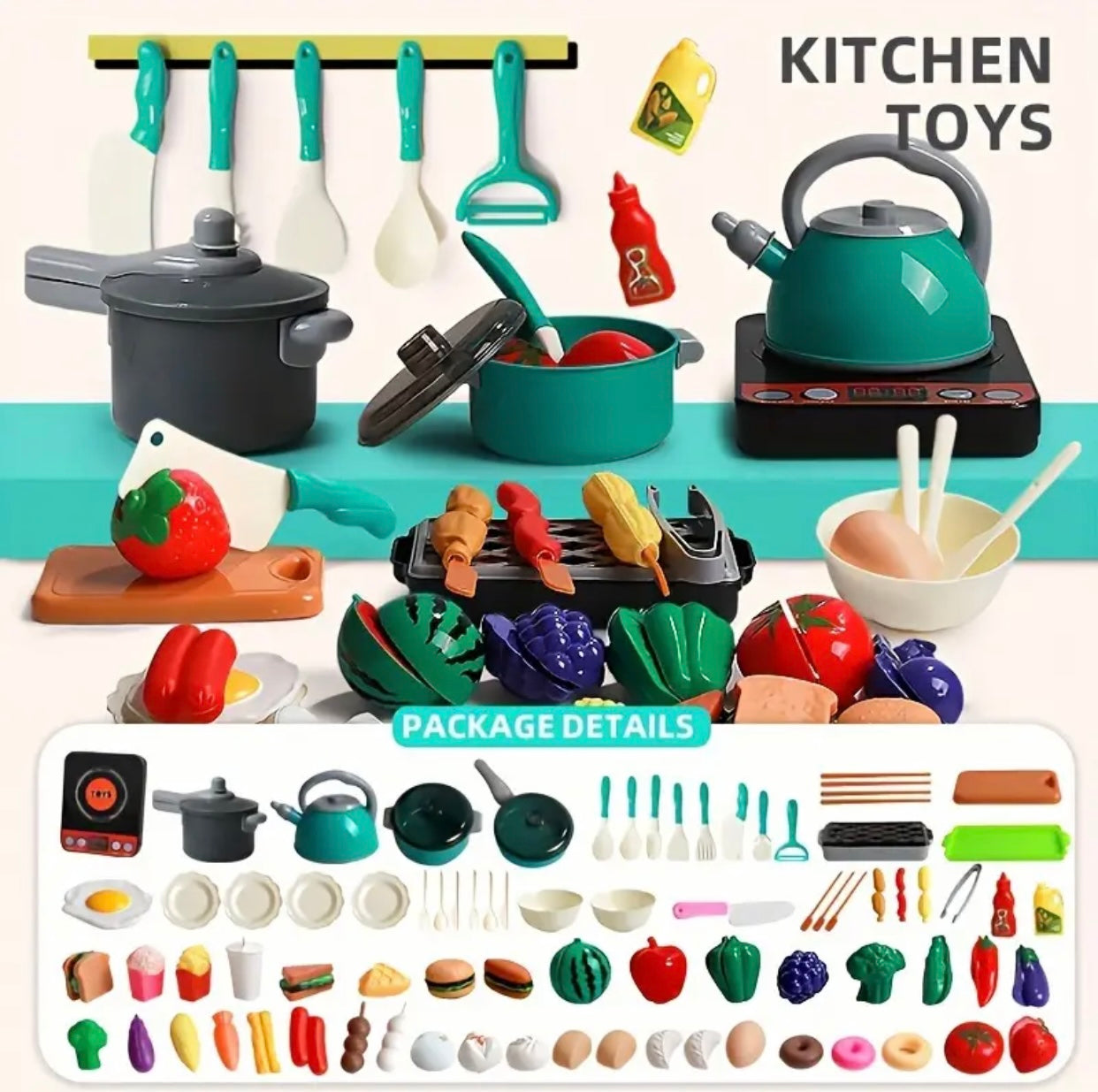 Youngsters' Pretend Play Kitchen Set - Cooking & Baking Toys with Utensils, Tableware & Faux Foods