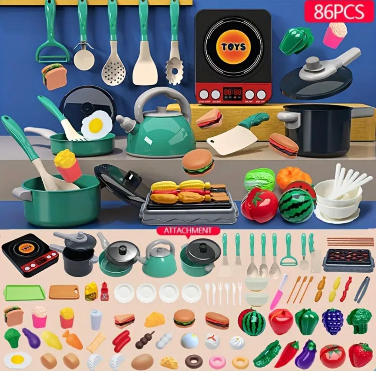 Youngsters' Pretend Play Kitchen Set - Cooking & Baking Toys with Utensils, Tableware & Faux Foods