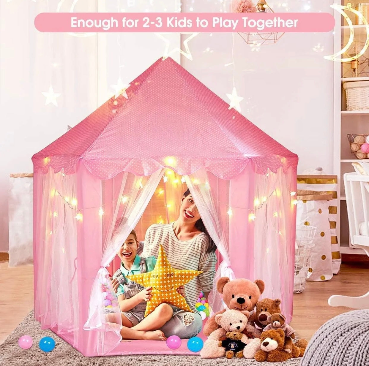 Large size kid play tent house, Large Princess Tent for Girls with LED Star Lights