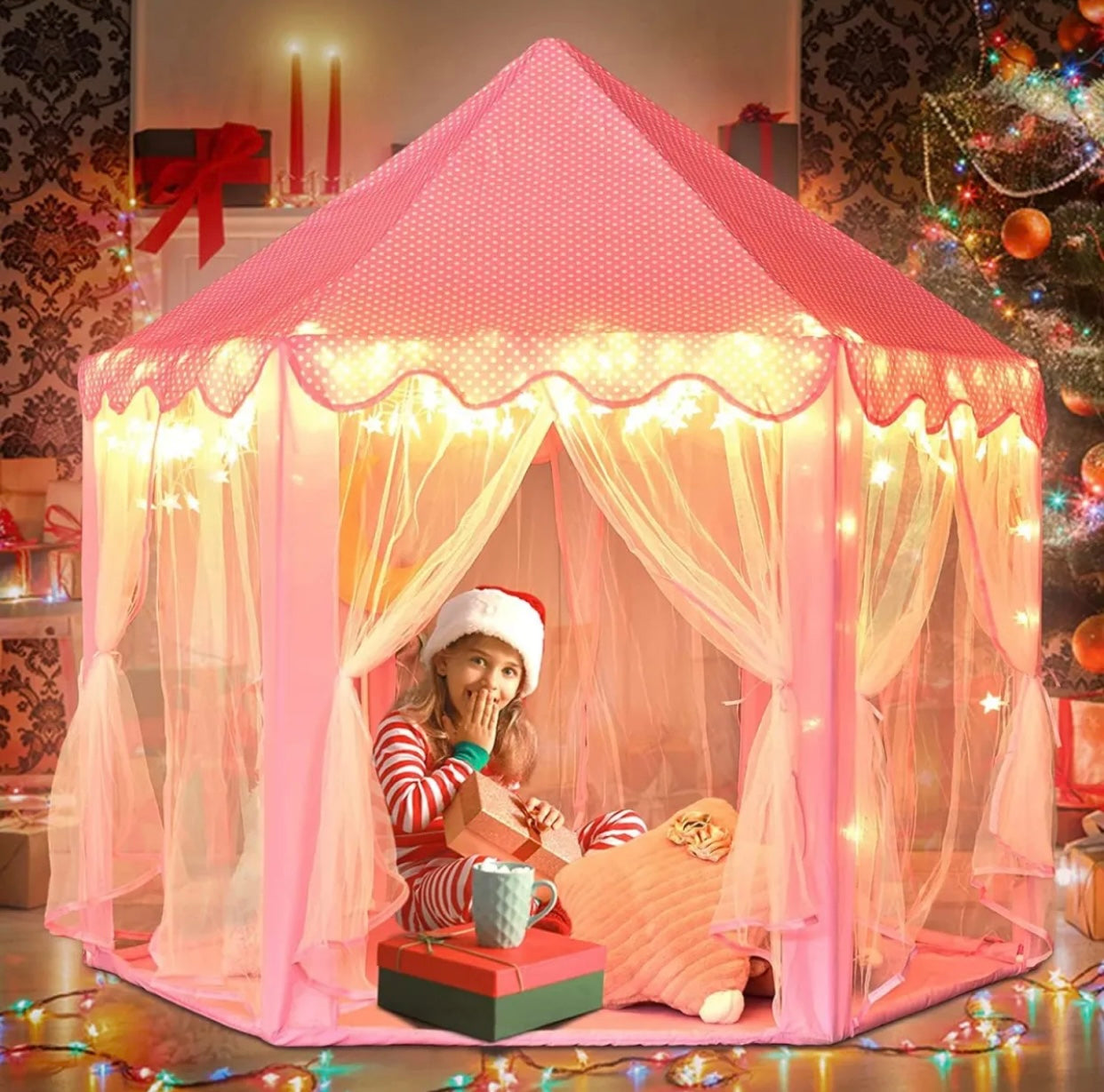 Large size kid play tent house, Large Princess Tent for Girls with LED Star Lights