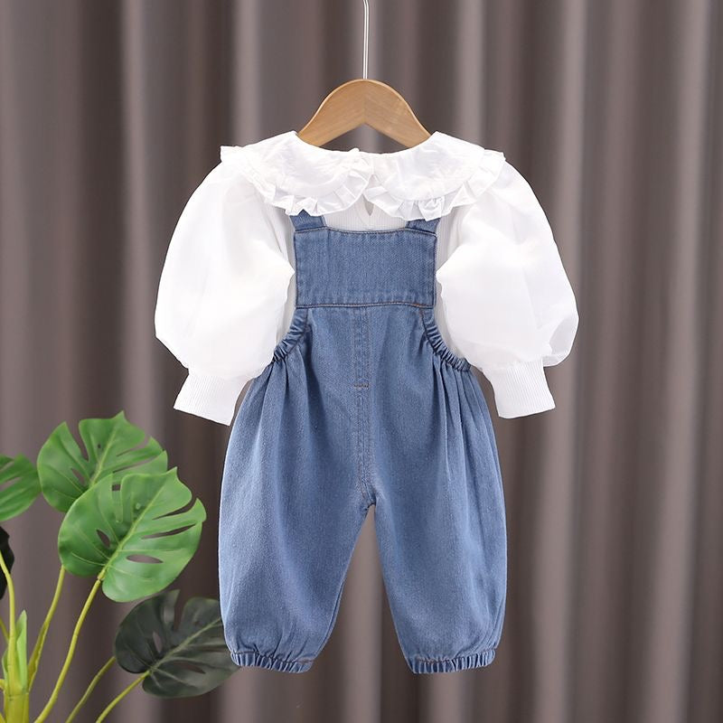 Charming Denim Overall Set – Baby Girl's Ruffle Collar Blouse & Suspender Jumpsuit