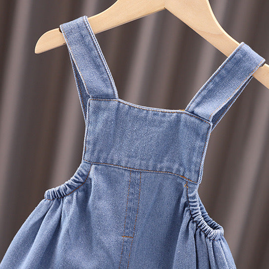 Charming Denim Overall Set – Baby Girl's Ruffle Collar Blouse & Suspender Jumpsuit