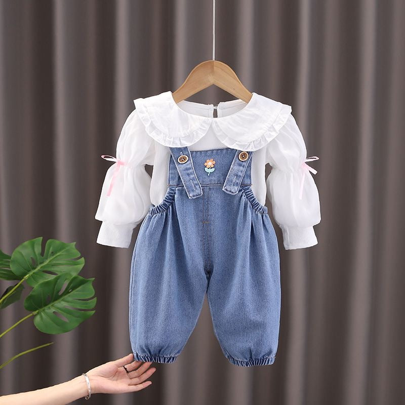 Charming Denim Overall Set – Baby Girl's Ruffle Collar Blouse & Suspender Jumpsuit