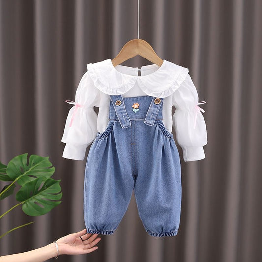 Charming Denim Overall Set – Baby Girl's Ruffle Collar Blouse & Suspender Jumpsuit