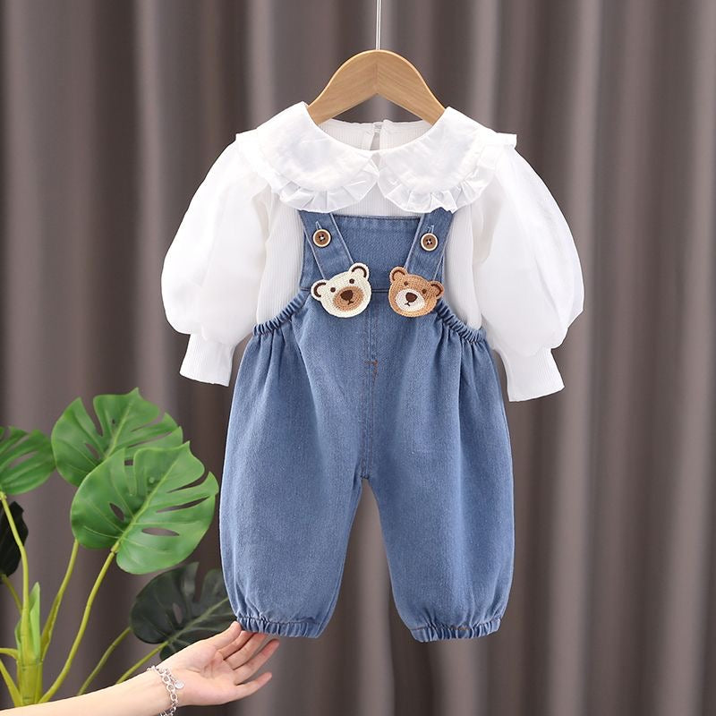 Charming Denim Overall Set – Baby Girl's Ruffle Collar Blouse & Suspender Jumpsuit