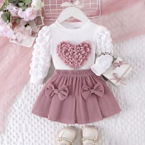 2PCS Winter New Style For 0-3 Year Old Girls, Comfortable Sweet And Cute Bubble Sleeves, Love Chapter Top + Pink Short Skirt Set