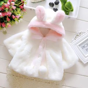 Winter Baby Girl Jacket Sweet And Cute Warm Hooded Rabbit Ear Wool Sweater Minimalist Children'S Clothing Suitable For 0-3 Year